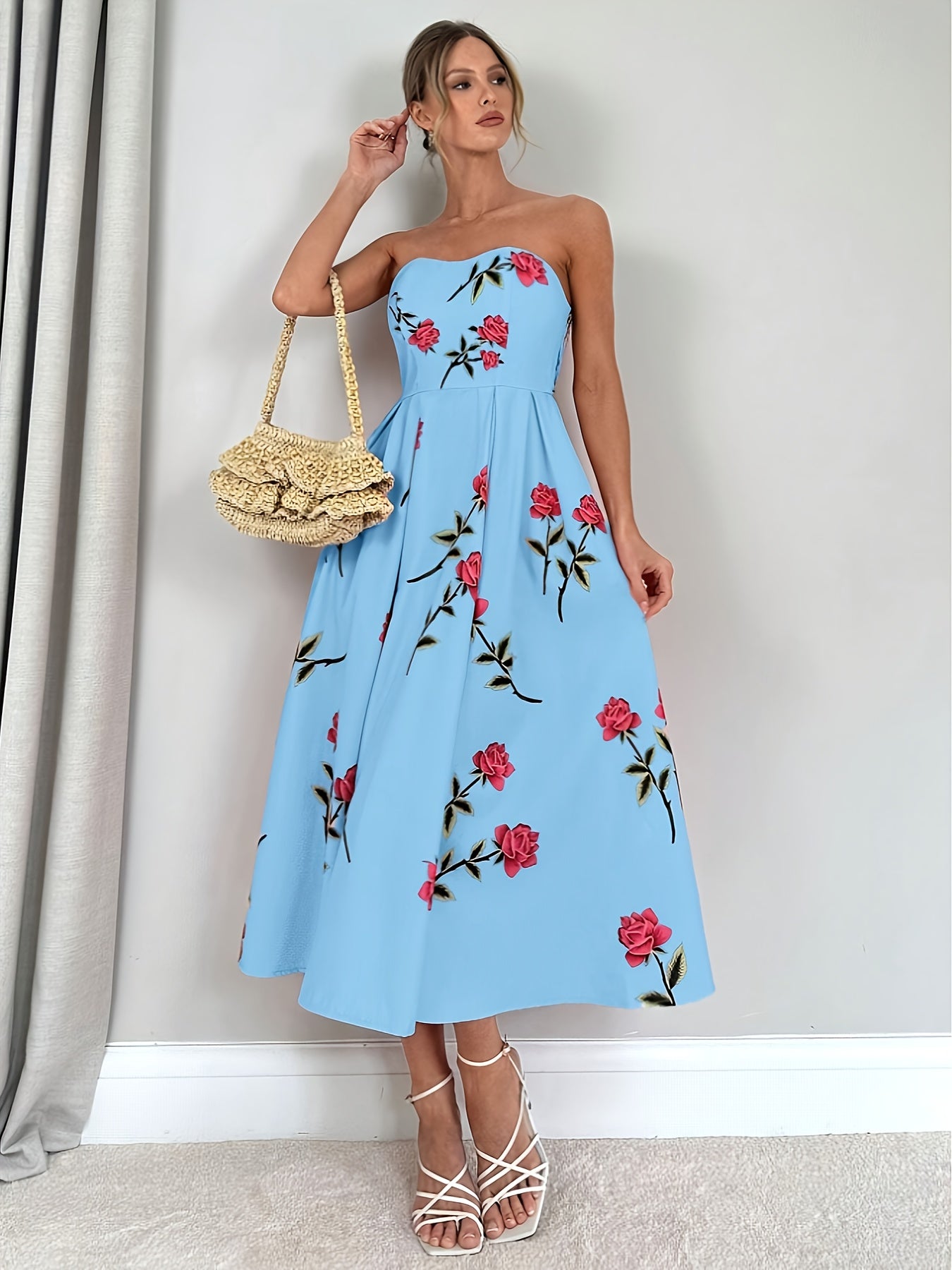Women's Elegant Off-Shoulder A-Line Floral Print Rose Print Dress - Knee-Length with Ruffled Hem & Waist Tie, Machine Washable for Weddings, Parties, Graduations, Prom - Pink Floral Print Formal Evening Dress, Event Attire |